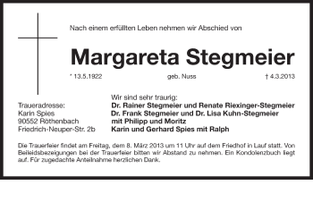 Traueranzeige von Margareta Stegmeier von Pegnitz-Zeitung